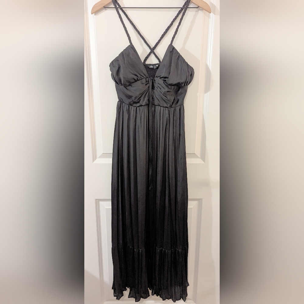 Zara Black Pleated Detail Maxi Dress Keyhole Tie XS
